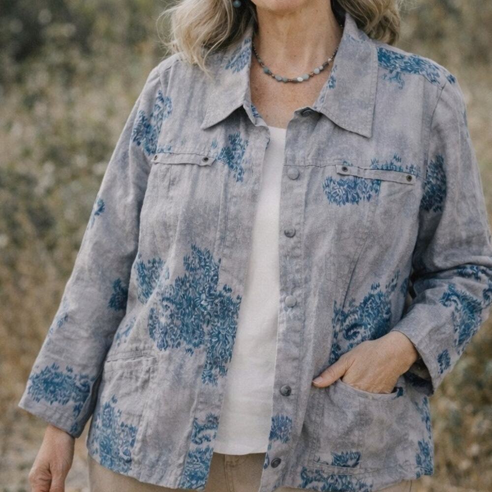 Coldwater Creek 20W Linen Shacket Blue Gray Watercolor Snap Shirt Jacket Boho